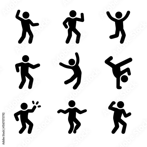 Dance Expression Icons. Solid, filled icon set of freestyle dance expressions and emotions: passion, confidence, joy, focus,