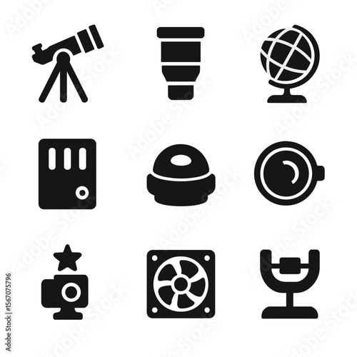 Observatory Instruments Icons. Solid, filled icons set of observatory instruments and tools: reflecting