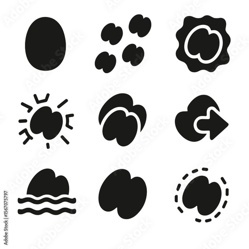 Elephant Tracks Icons. Solid, filled icon set of elephant footprints and tracks: single footprint, herd tracks, mud track, dry