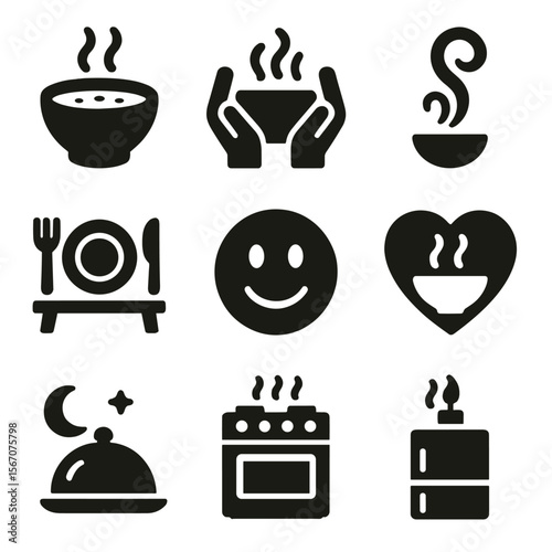 Comfort Food Icons. Solid, filled icons set of comfort food moments: hot soup, warm bowl, cozy hands, steam