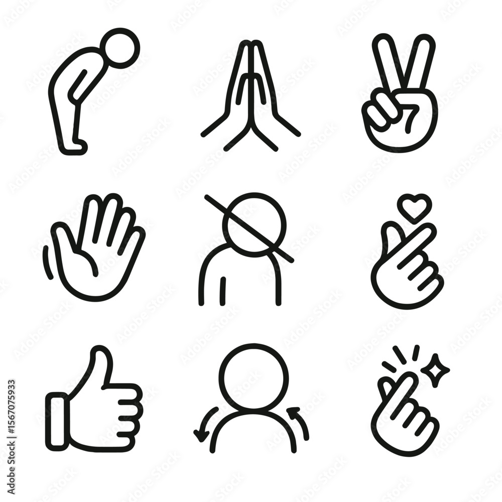 Fototapeta premium Cultural Gesture Icons. Solid, filled icon set of Cultural silent communication: bowing, namaste hands, peace sign, hand wave, eye