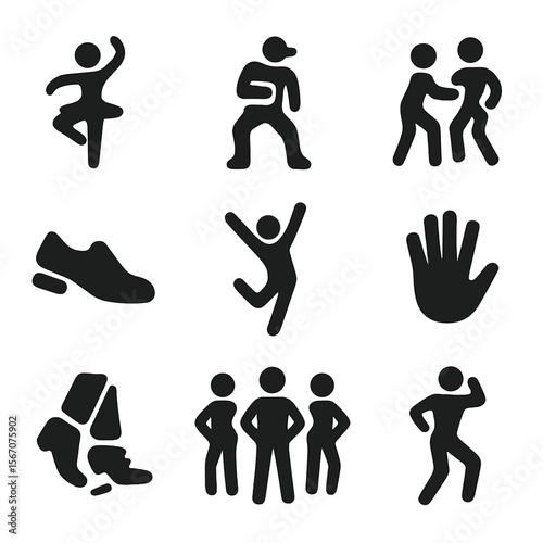 Dance Style Icons. Solid, filled icon set of dance styles and motion: ballet pose, hip-hop stance, salsa step, tap shoe, freestyle