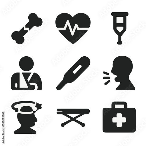 Emergency Health Icons. Solid, filled icon set of body in distress: broken bone, heart with pulse, crutch, bandaged arm, fever