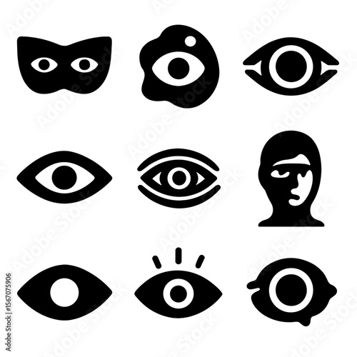 Cultural Eye Icon Set. Solid, filled icon set of staring in culture and art: mask with eyes, surreal eye, abstract gaze, eye
