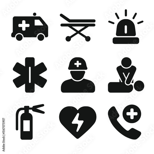 Emergency Icons Grid. Solid, filled icon set of emergency healthcare response: ambulance, stretcher, emergency light, medical
