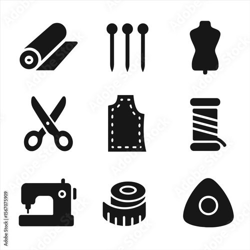 Sewing Tools Icons. Solid, filled icon set of clothing design elements: fabric bolt, pins, mannequin, scissors, pattern paper,
