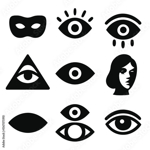 Cultural Eye Icon Set. Solid, filled icon set of staring in culture and art: mask with eyes, surreal eye, abstract gaze, eye
