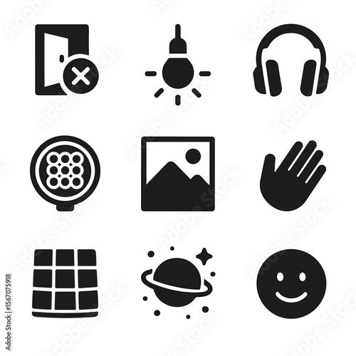 Sensory Icons Grid. Solid, filled icon set of sensory-friendly environments: quiet room, soft lighting, noise-canceling headphones