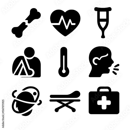 Emergency Health Icons. Solid, filled icon set of body in distress: broken bone, heart with pulse, crutch, bandaged arm, fever
