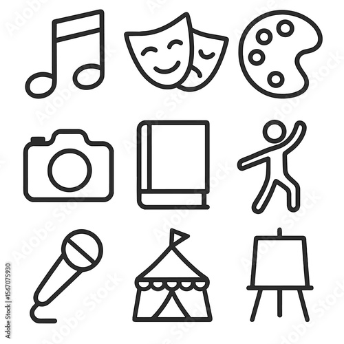 Cultural Icon Grid. Solid, filled icon set of cultural enrichment: musical note, theater masks, paint palette, camera, book, dance