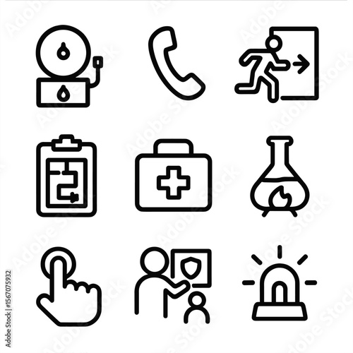 Emergency Procedure Icons. Solid, filled icon set of emergency procedures in labs: fire alarm, emergency phone, evacuation route,