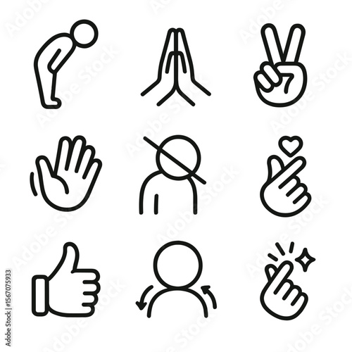 Cultural Gesture Icons. Solid, filled icon set of Cultural silent communication: bowing, namaste hands, peace sign, hand wave, eye