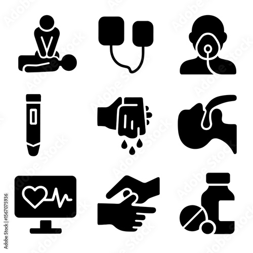 Emergency Procedures Icons. Solid, filled icon set of lifesaving emergency procedures: CPR chest compression, defibrillator pads,