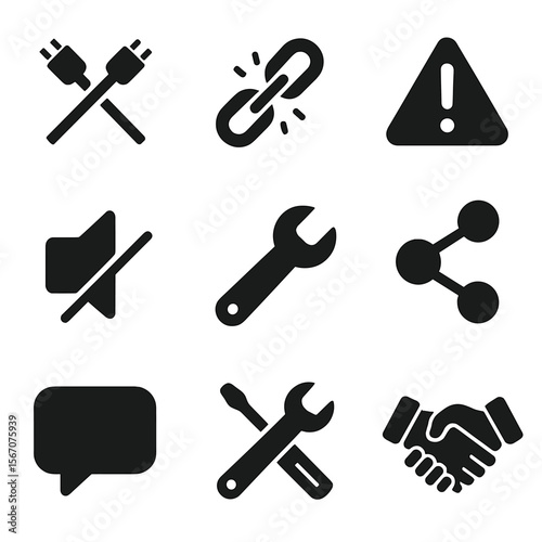 Communication Icons Grid. Solid, filled icons set of communication barriers and solutions: crossed wires,