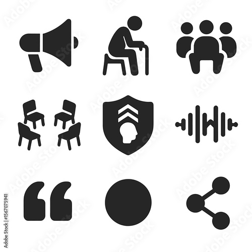 Oral History Icons. Solid, filled icons set of oral history: megaphone, seated elder, group listening, circle