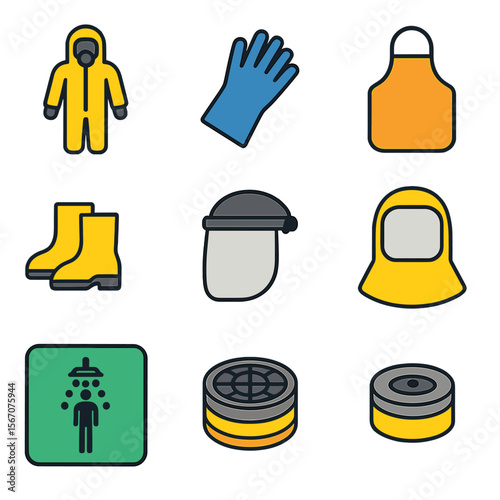 Chemical Protection Icons. Flat icon set of chemical protection: chemical suit, PVC glove, apron, boot covers, face shield, splash