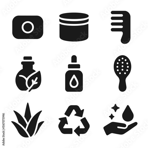 Organic Hair Care Icons. Solid, filled icons set of organic hair care: shampoo bar, conditioner jar,