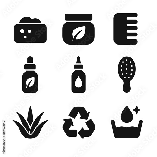 Organic Hair Care Icons. Solid, filled icons set of organic hair care: shampoo bar, conditioner jar,