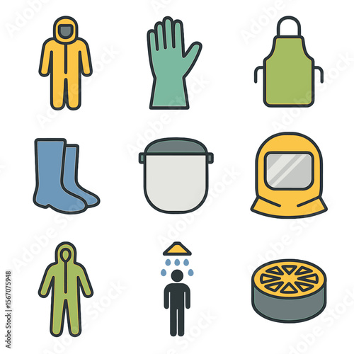 Chemical Protection Icons. Flat icon set of chemical protection: chemical suit, PVC glove, apron, boot covers, face shield, splash