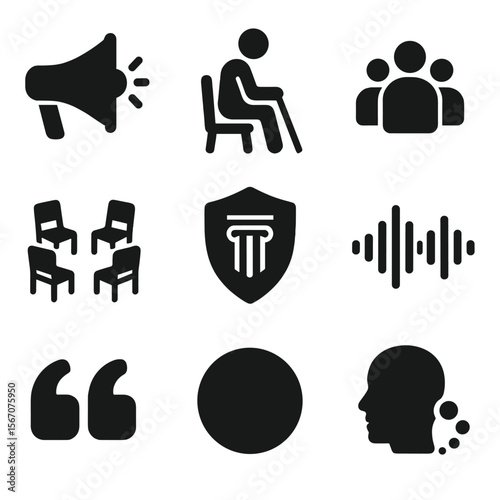 Oral History Icons. Solid, filled icons set of oral history: megaphone, seated elder, group listening, circle