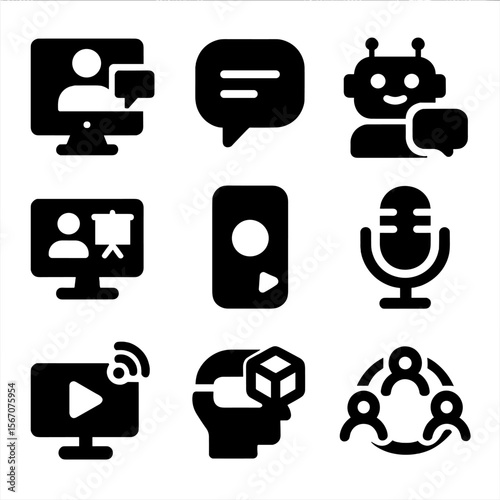 Emerging Communication Tools Icons. Solid, filled icon set of emerging communication tools: video conferencing, instant messaging,