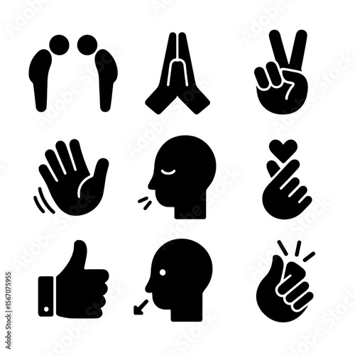 Cultural Gesture Icons. Solid, filled icon set of Cultural silent communication: bowing, namaste hands, peace sign, hand wave, eye