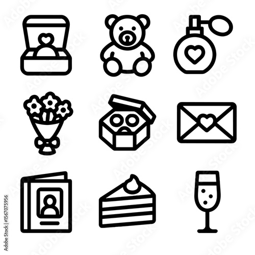 Dating Gift Icons. Solid, filled icon set of dating gifts: jewelry box, teddy bear, perfume bottle, bouquet, chocolates, love