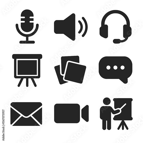 Communication Tools Icons. Solid, filled icons set of effective communication tools: microphone, speaker,