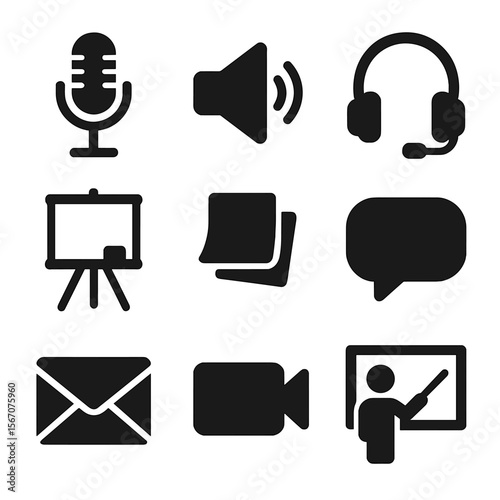 Communication Tools Icons. Solid, filled icons set of effective communication tools: microphone, speaker,
