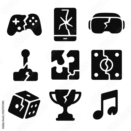 Shattered Gaming Icons. Solid, filled icon set of shattered gaming and entertainment: broken game controller, cracked screen,
