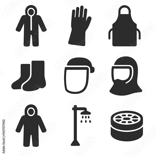 Chemical Protection Icons. Solid, Filled icon set of chemical protection: chemical suit, PVC glove, apron, boot covers, face