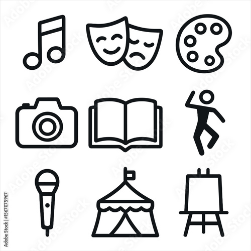 Cultural Icon Grid. Solid, filled icon set of cultural enrichment: musical note, theater masks, paint palette, camera, book, dance