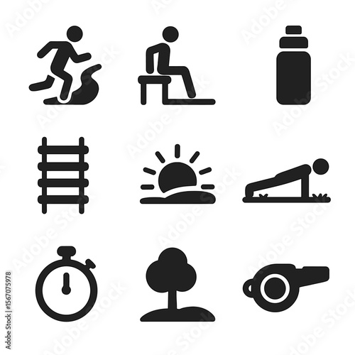 Outdoor Fitness Icons. Solid, filled icons set of outdoor fitness and bootcamps: running trail, park bench dip