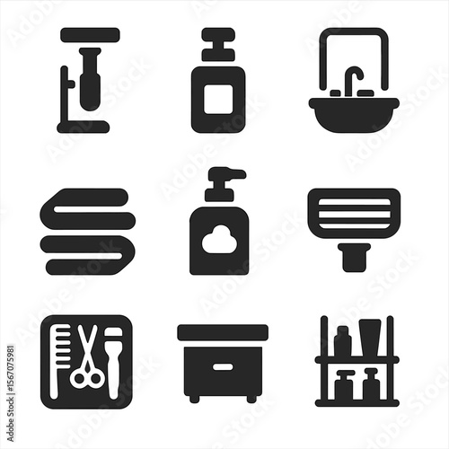 Shaving Station Icons. Solid, filled icon set of shaving station setup: countertop razor stand, face wash bottle, sink with mirror