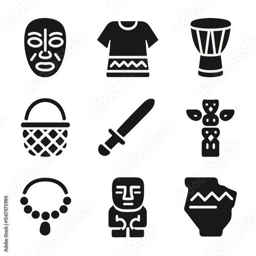 Cultural Heritage Icons. Solid, filled icon set of cultural heritage exhibits: tribal mask, traditional garment, ritual drum,