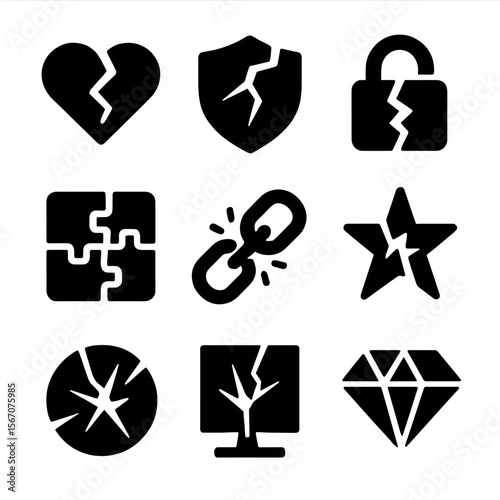 Shattered Symbols Grid. Solid, filled icon set of shattered symbols: broken heart, shattered shield, cracked lock, fragmented