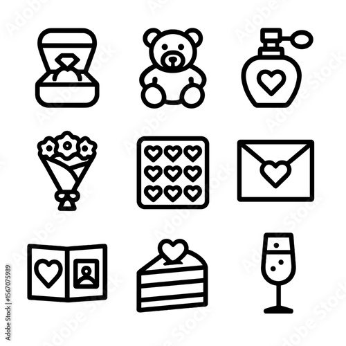 Dating Gift Icons. Solid, filled icon set of dating gifts: jewelry box, teddy bear, perfume bottle, bouquet, chocolates, love