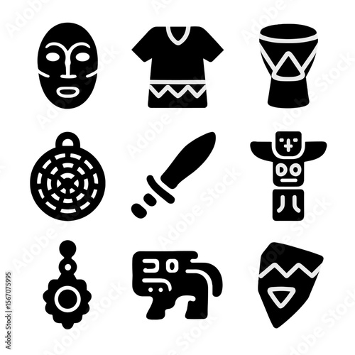 Cultural Heritage Icons. Solid, filled icon set of cultural heritage exhibits: tribal mask, traditional garment, ritual drum,