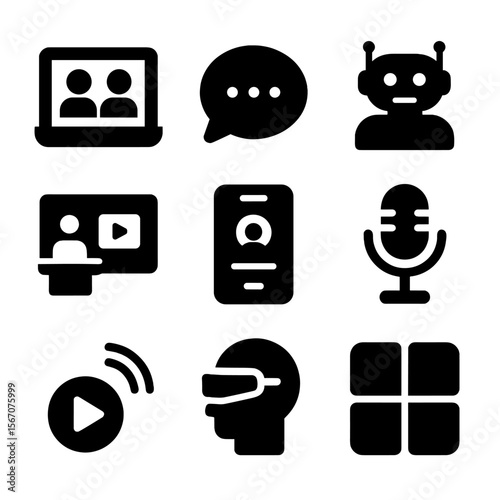 Emerging Communication Tools Icons. Solid, filled icon set of emerging communication tools: video conferencing, instant messaging,