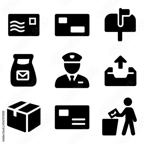 Outgoing Mail Icons. Solid, filled icons set of outgoing home mail: stamped envelope, return address, mailbag