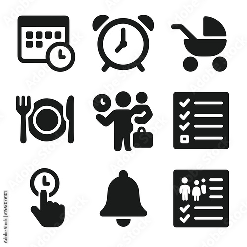 Parenting and Time Icons. Solid, filled icons set of parenting and time management: time planner, alarm clock,