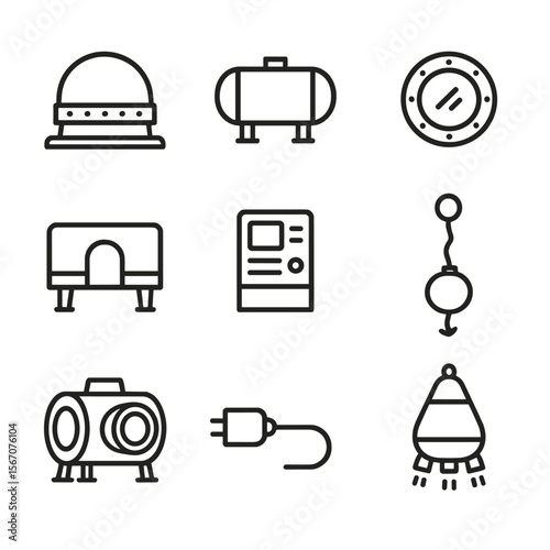 Underwater Habitat Icons. Outline icon set of underwater habitat modules: pressure-resistant dome, ballast control tank, porthole