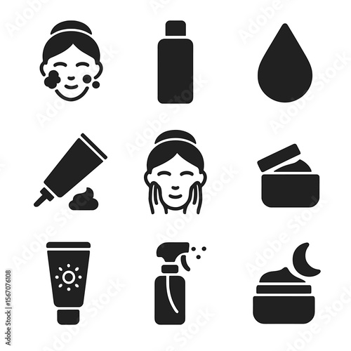 Skincare Routine Icons. Solid, filled icon set of face care routine steps: cleansing foam, toner bottle, serum drop, eye cream,