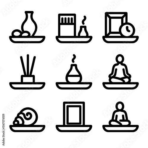 Decorative Tray Icons. Solid, filled icon set of trays with accessories: small vase, decorative stones, matchbox, small clock,
