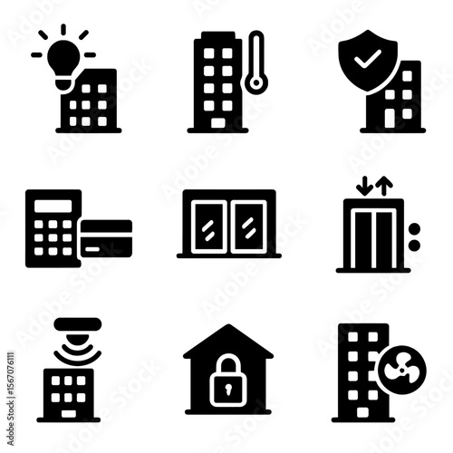 Smart Building Icons. Solid, filled icon set of smart buildings: automated lighting, smart thermostats, security systems, access