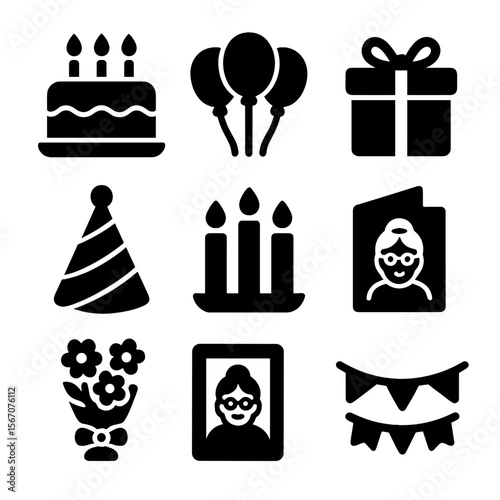 Grandmother's Celebration Icons. Solid, filled icon set of grandmother’s celebrations: birthday cake, balloons, gift box, party