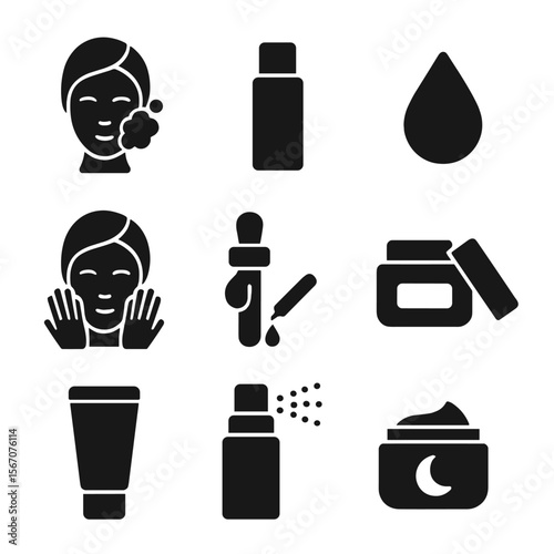 Skincare Routine Icons. Solid, filled icon set of face care routine steps: cleansing foam, toner bottle, serum drop, eye cream,
