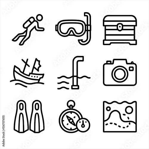 Underwater Exploration Icons. Outline icon set of underwater exploration and artifacts: scuba diver silhouette, diving mask,