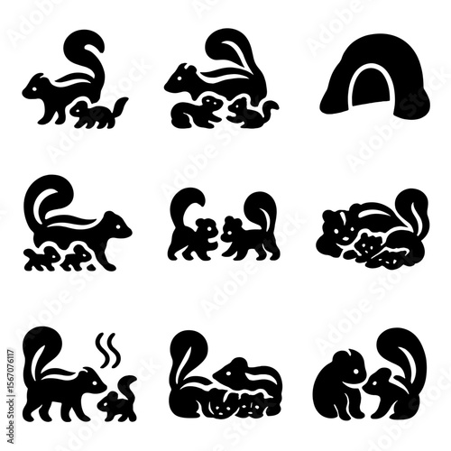 Skunk Family Icons. Solid, filled icon set of skunk family life: mother skunk, baby skunks, nursing skunk, skunk den, family line