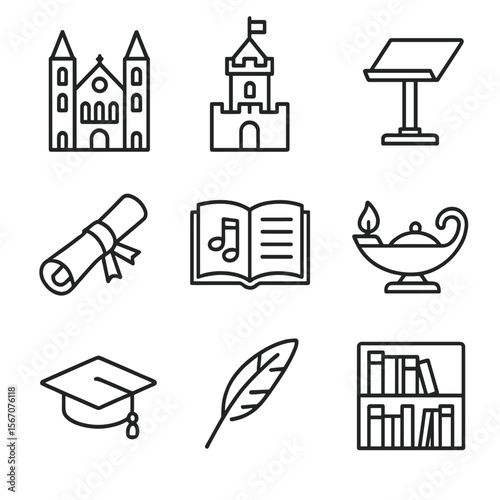 Christian Education Icons. Outline icon set of Christian education and universities: cathedral school, medieval university tower,